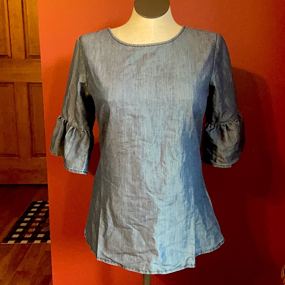 Chambray ruffle/bell sleeve top